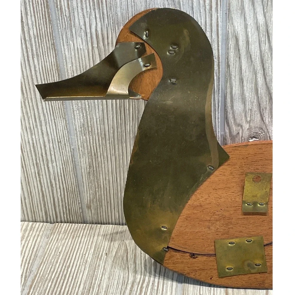 Handmade Vintage Wood and Brass Duck Wall Hanging Mid Century Modern Decor